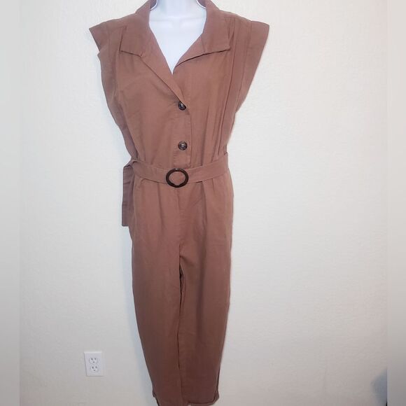 Vintage Style Linen Blend Brown Belted Jumpsuit - Picture 1 of 4